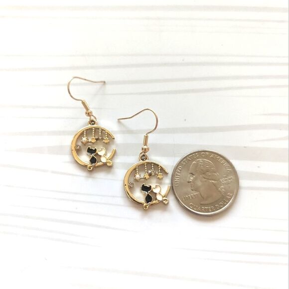 Kitty Cat Love Crescent Moon Rhinestone Earrings - Picture 2 of 6